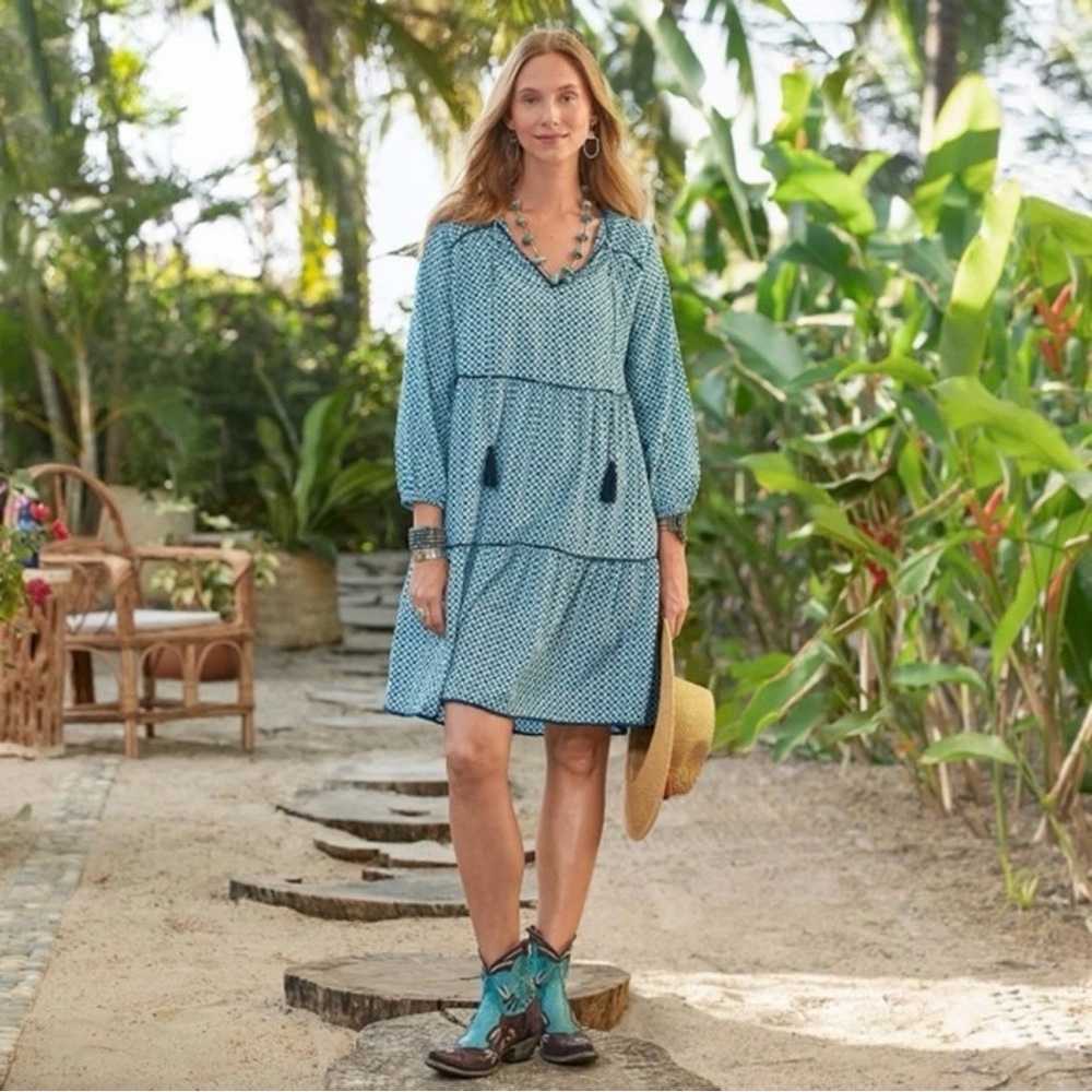 Sundance Women's Eternal Summer Tassel Tie Tiered Prairie Boho Sun Dress Blue PS